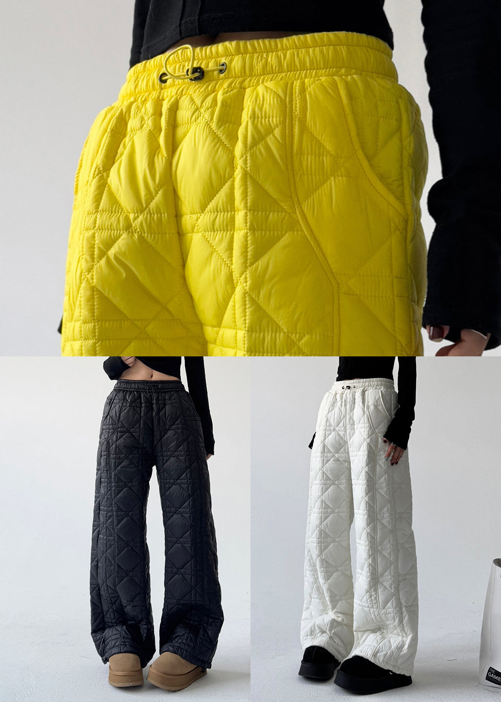 Diy Black Elastic Waist Plaid Fine Cotton Filled Pants Spring