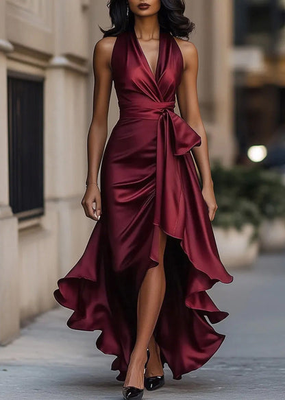 Mulberry Ruffled Asymmetrical Design Silk Dresses Summer