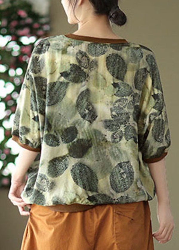 Green O-neck Print Patchwork Linen Top Half Sleeve