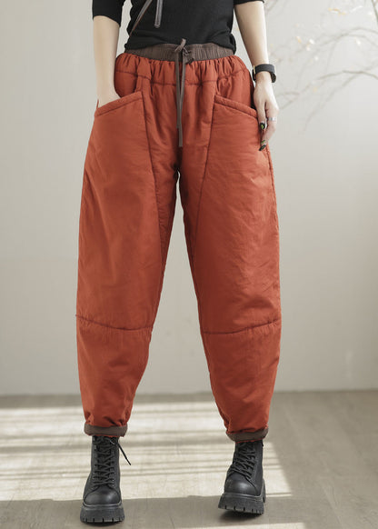 Orange Elastic Waist Pockets Patchwork Fine Cotton Filled Pants Winter