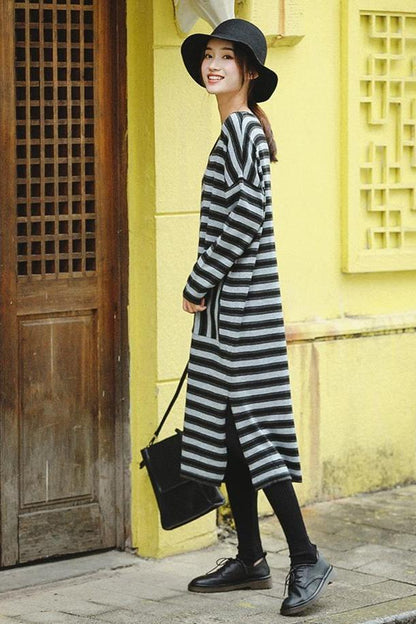 Gray Striped Loose Sweater Dresses for Winter