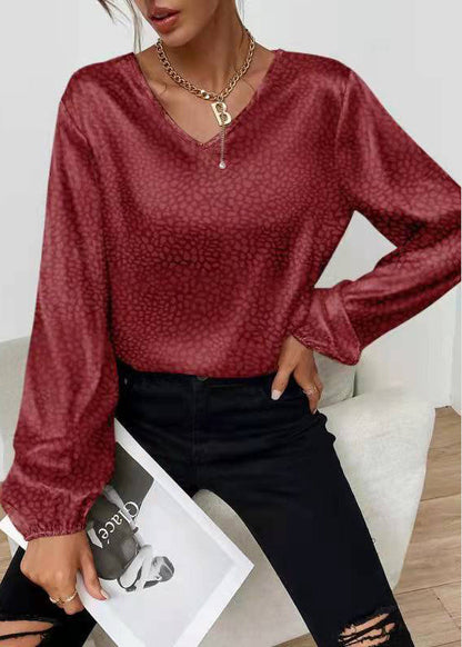 Pink V Neck Jacquard Silk Shirt Top Spring