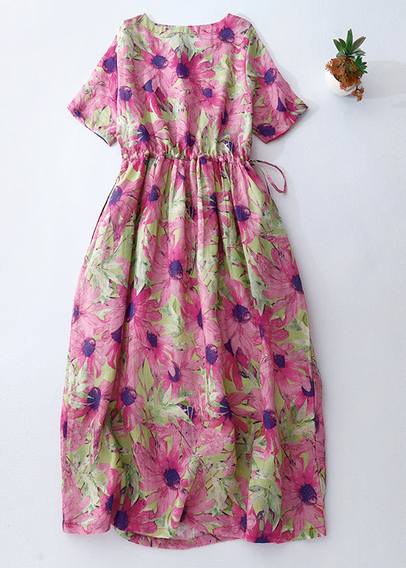Pink Cinched Print Linen Vacation Dresses Summer