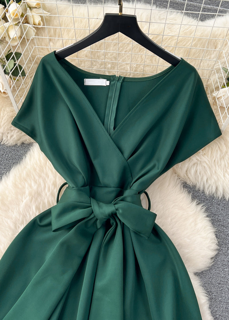 Blackish Green V Neck Zippered Tie Waist Spandex Dresses Summer