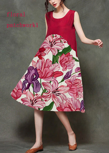 Wine Red-floral1 O-neck Wrinkled Long Dresses Sleeveless