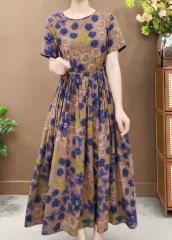 Retro Coffee O-neck Print Patchwork Pockets Long Dresses Short Sleeve