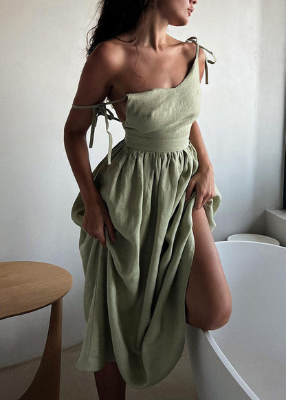 French Khaki Lace Up Wrinkled Patchwork Cotton Vacation Dresses Summer
