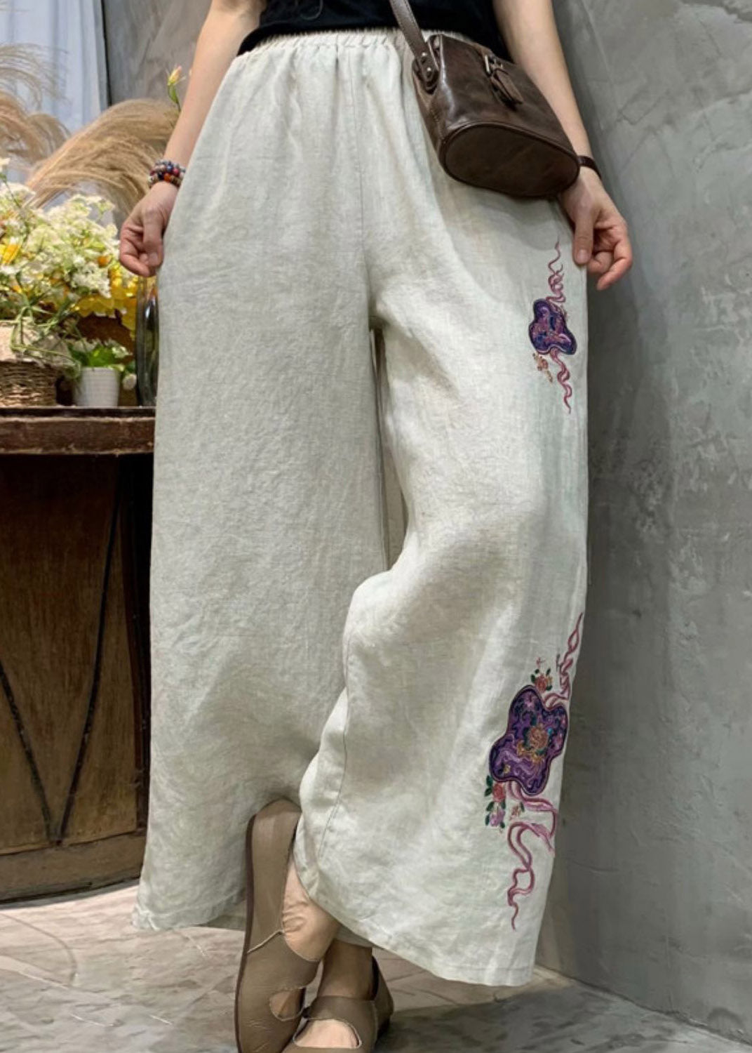 Linen Colour Pockets Linen Wide Leg Pants Summer