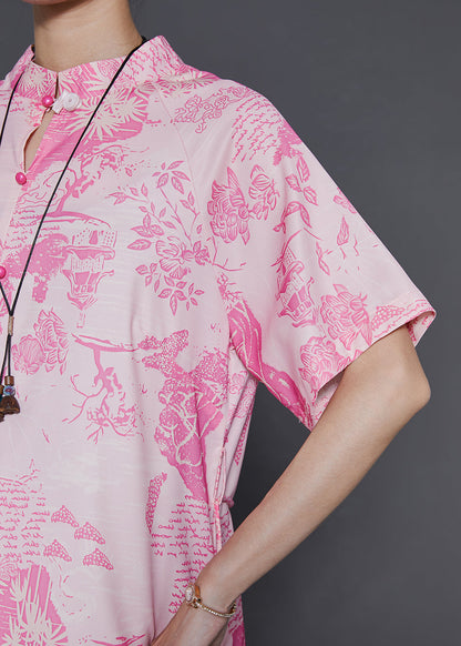 Pink Print Cotton Chinese Style Dress Summer