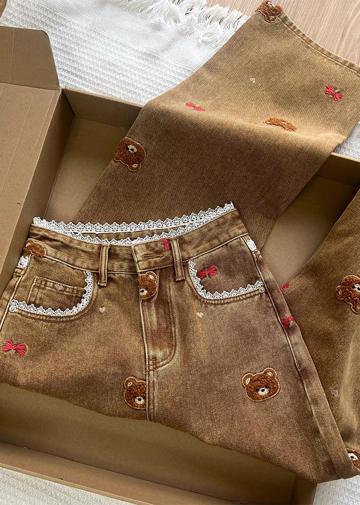 Coffee Embroidered Lace Patchwork Denim Straight Pants Spring