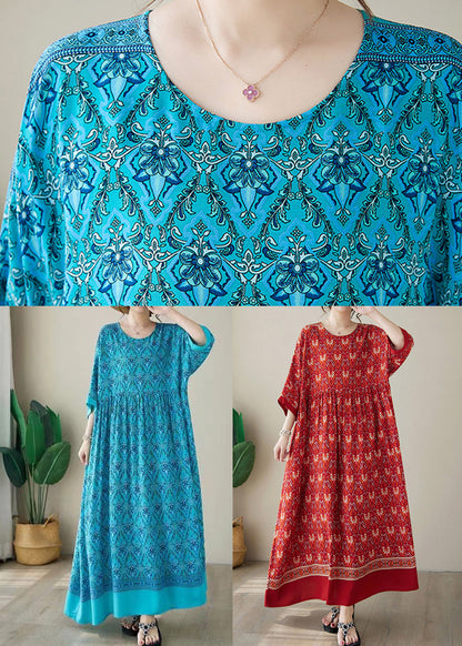 Blue Print Cotton Long Dress O Neck Summer