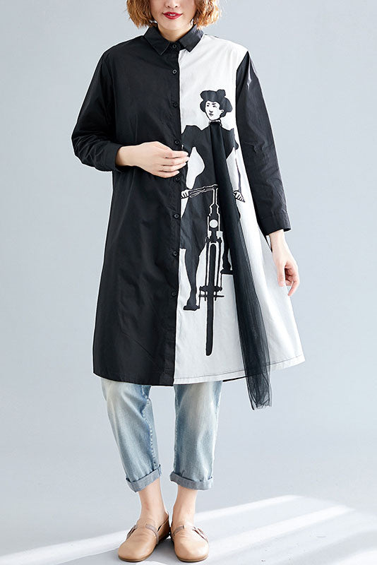Spring Simple Black White Printed Shirt Dress