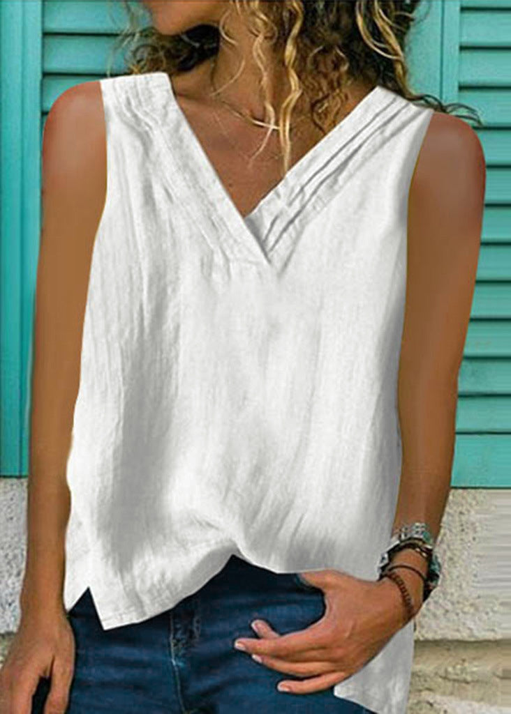 Loose White V Neck Cotton Top Sleeveless