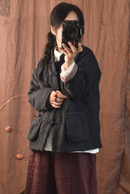 Diy Retro Buckle Cotton Linen Coat Ramie Short Cotton Coat