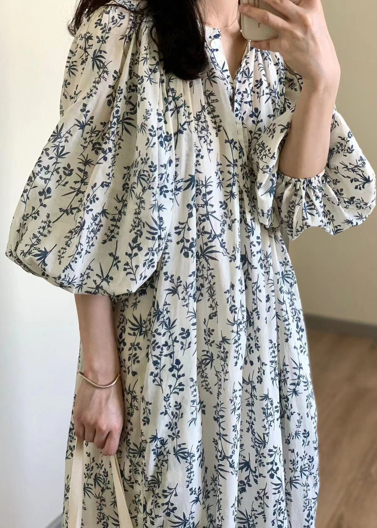 Button Print Tie Waist Cotton Long Dress Summer