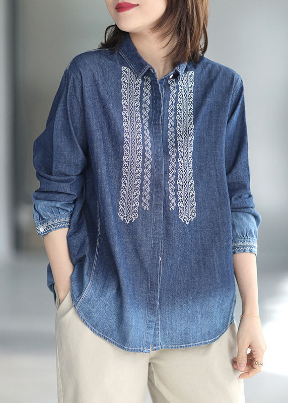 Blue Peter Pan Collar Embroidered Cotton Denim Shirt Top Long Sleeve