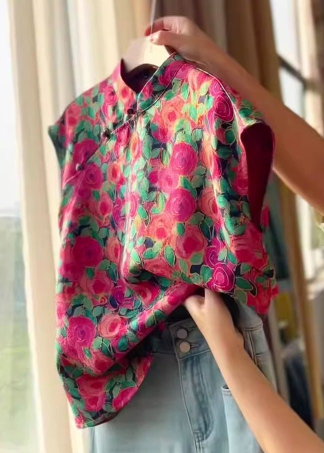 Stand Collar Button Print Silk Shirts Summer