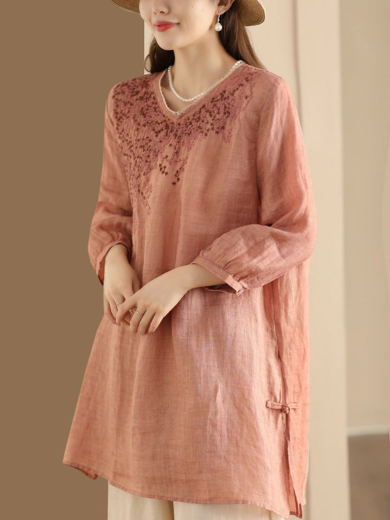 Summer Artsy Embroidery Ramie Long Shirt