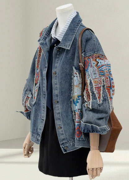 Blue Peter Pan Collar Jacquard Patchwork Denim Coat Fall