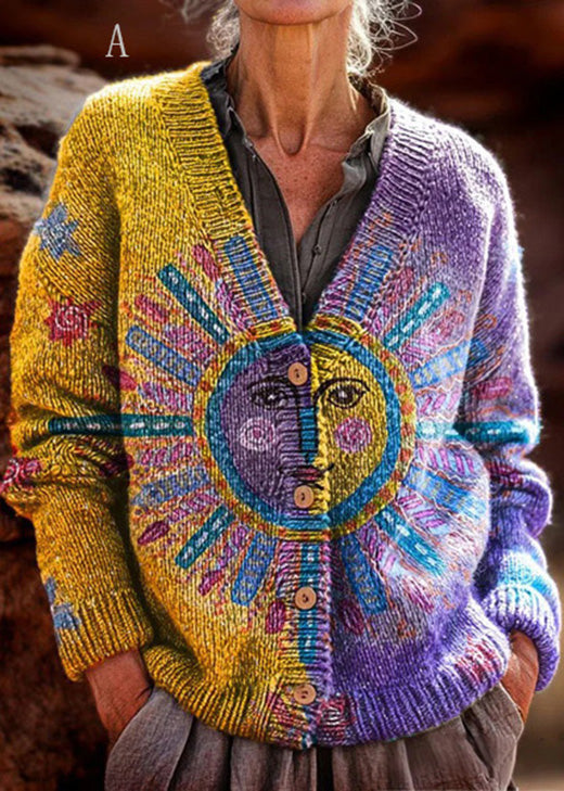V Neck Button Print Knit Cardigans Fall