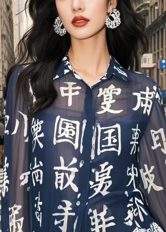 Navy Chinese Character Patchwork Lace Chiffon Blouse Top Spring