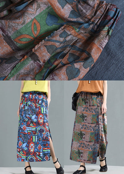 Blue Elastic Waist Pockets Print Linen a Line Skirt Summer