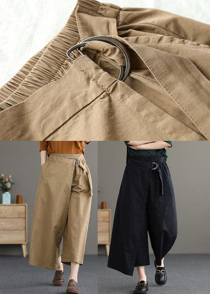 Khaki Cotton Wide Leg Pants Elastic Waist Asymmetrical Summer