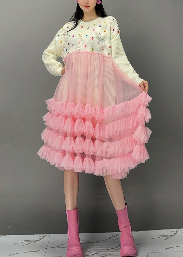 White O-neck Sequins Knit Patchwork Tulle Maxi Cake Dress Fall