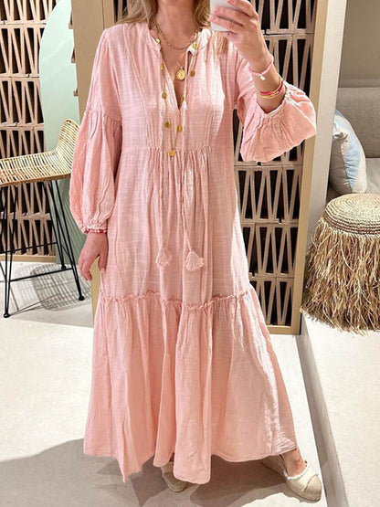 V-neck Puff Sleeve Cotton and Linen Dress