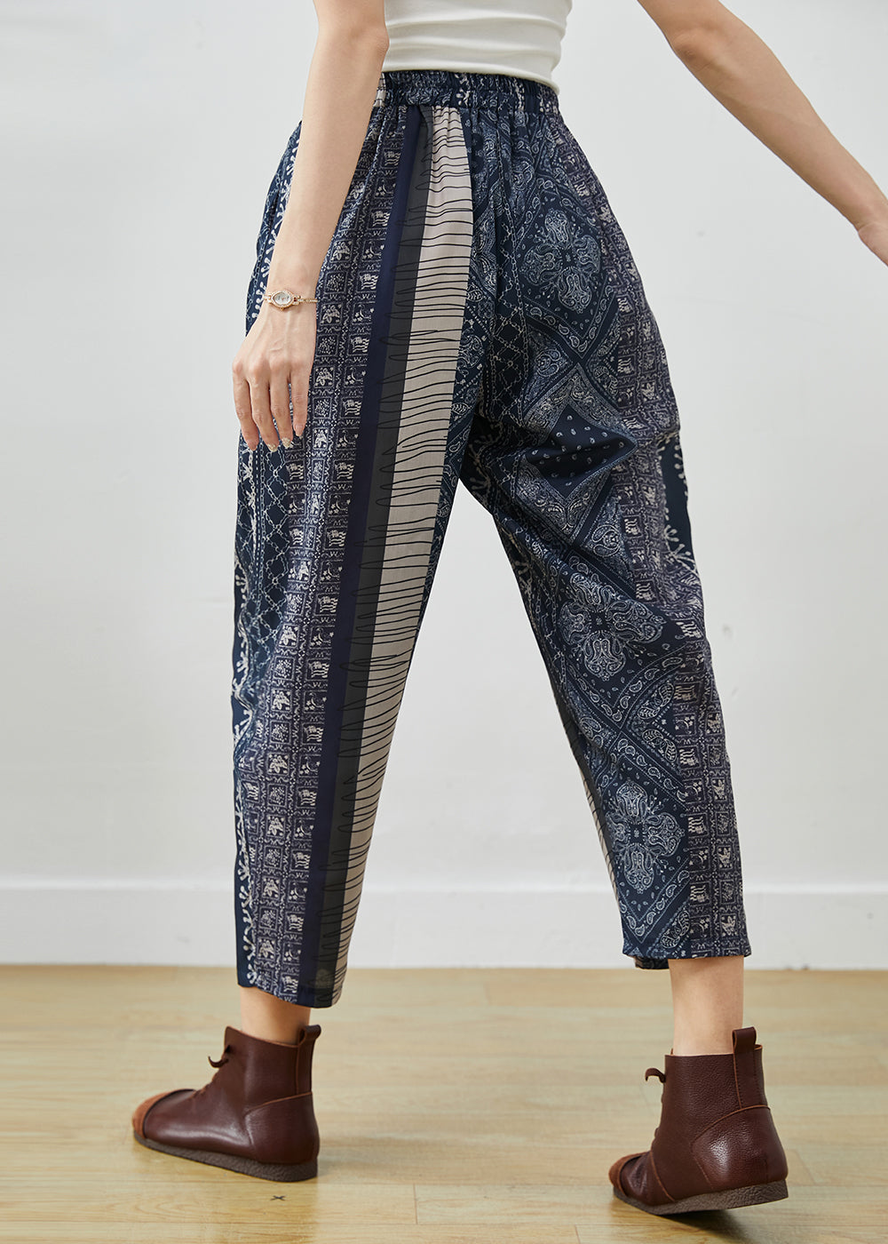 Diy Navy Oversized Print Fine Cotton Filled Harem Pants Winter