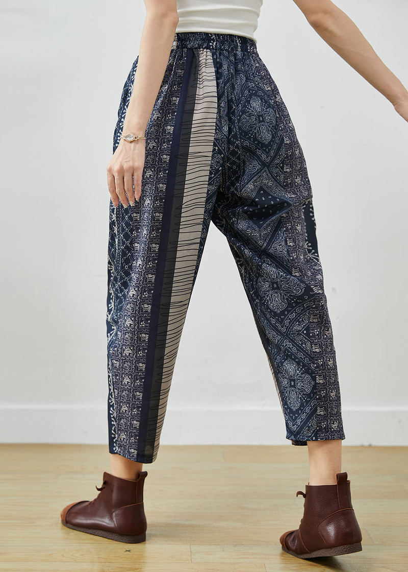 Diy Navy Oversized Print Fine Cotton Filled Harem Pants Winter