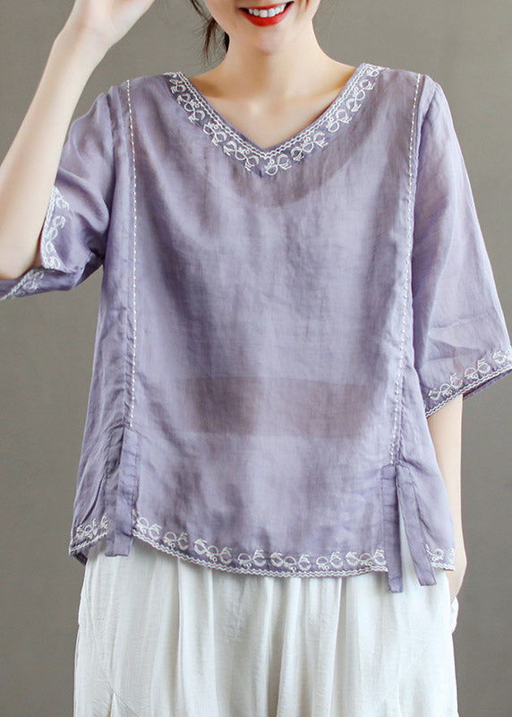 Stylish Purple V Neck Embroidered Linen T Shirt Half Sleeve