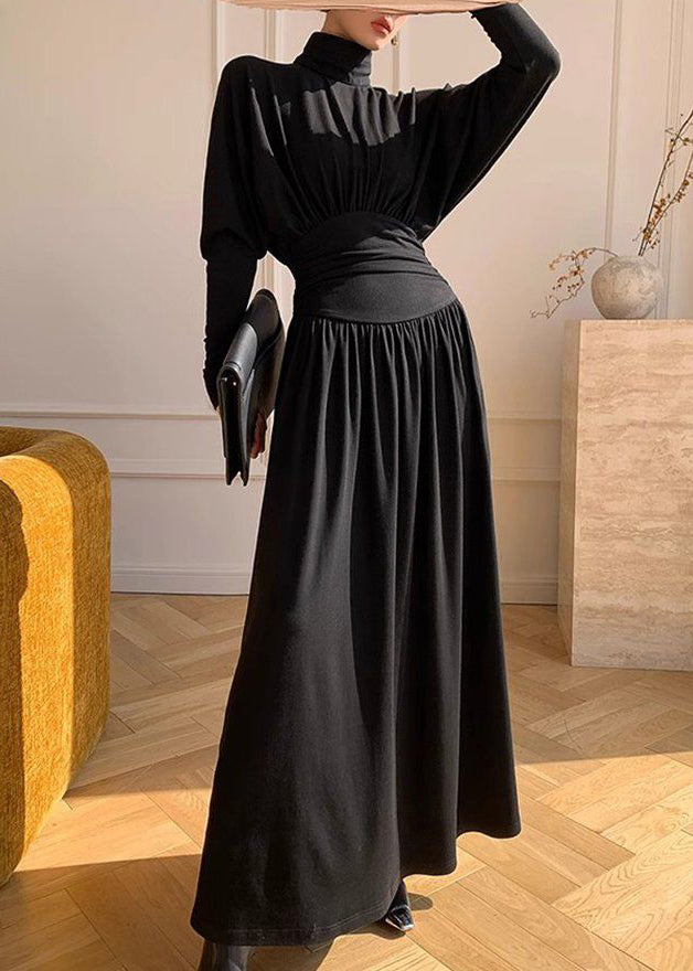 Black Turtleneck Wrinkled High Waist Cotton Maxi Dresses Spring