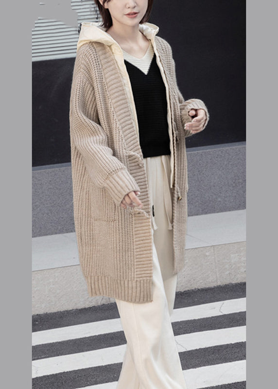 Simple Beige Button Fake Two Pieces Cotton Knit Hooded Coats Spring
