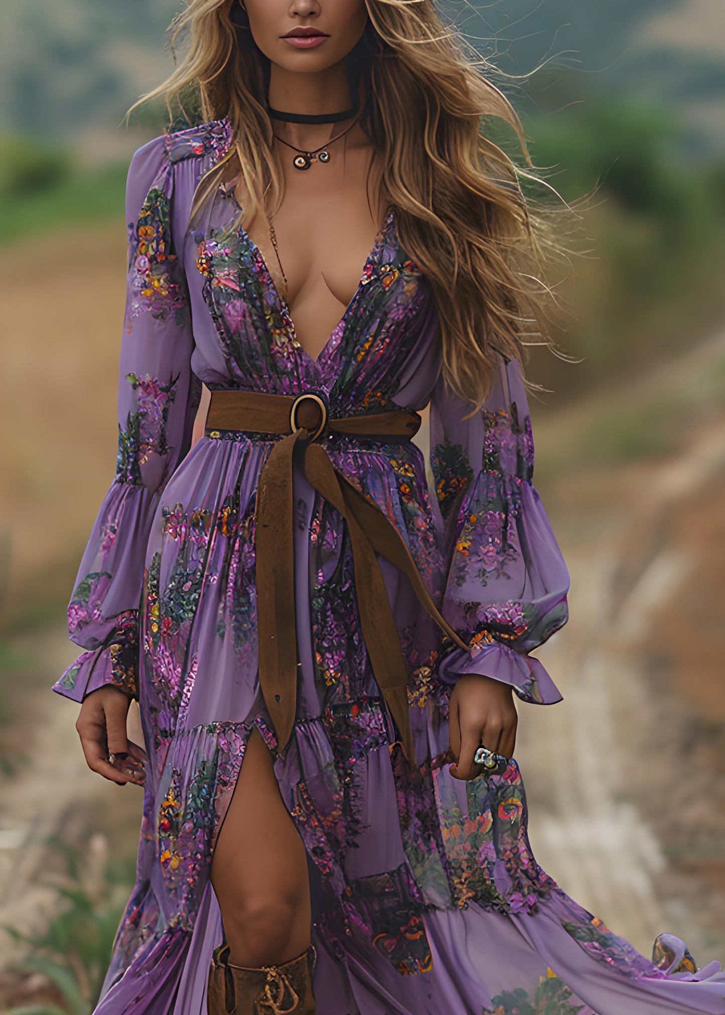 Purple V Neck Print Patchwork Chiffon Holiday Dress Spring