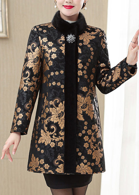 Classy Gold Fur Collar Print Warm Leather and Fur Coats Spring