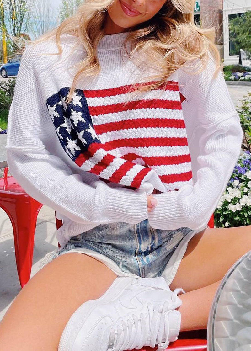 New White O Neck Striped Knit Pullover Spring