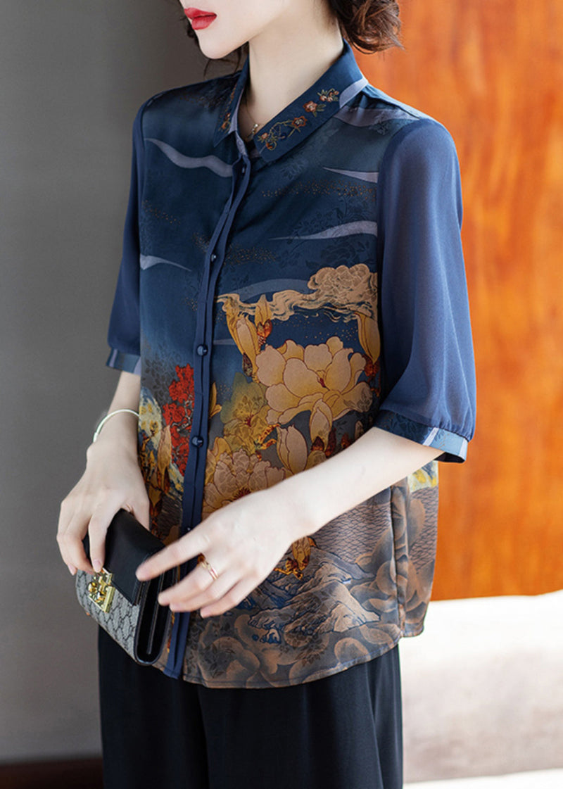 Loose Navy Peter Pan Collar Button Print Chiffon Shirt Half Sleeve