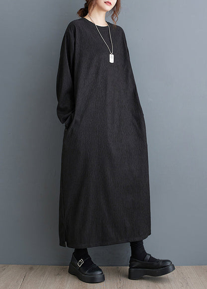 Simple Black O Neck Cotton Long Dress Fall