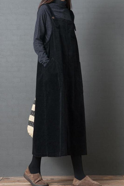 Corduroy Loose Large Pocket Suspenders Dress
