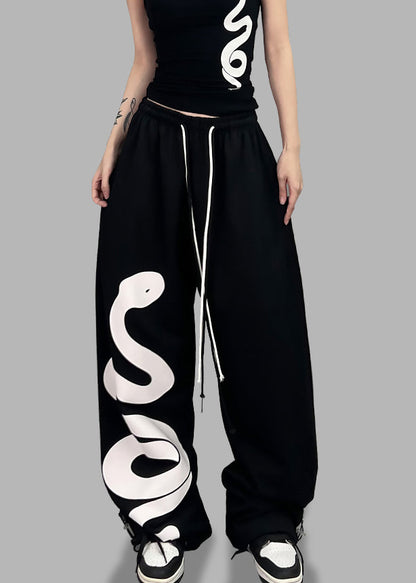 Black Print Elastic Waist Cotton Sport Pants Spring