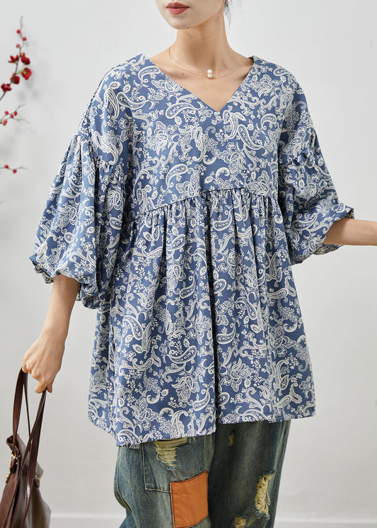 Blue Oversized Print Cotton Shirts Summer