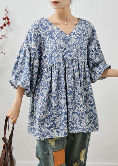 Blue Oversized Print Cotton Shirts Summer