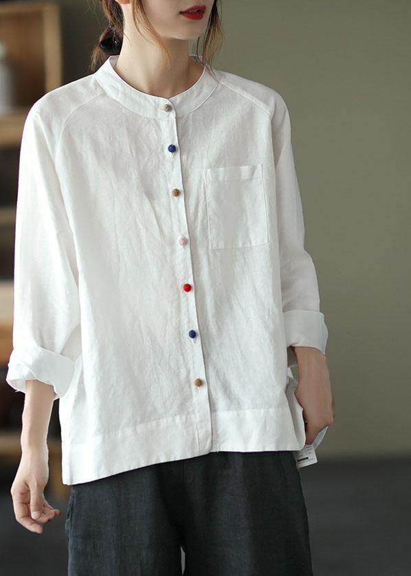 Modern White-cashew Pattern Loose Patchwork Pockets Fall Long Sleeve Blouse Top