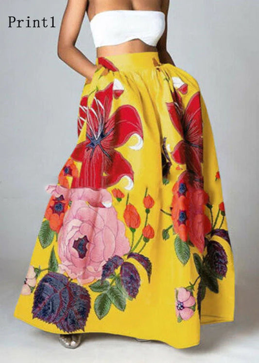 Yellow High Waist Pockets Print Cotton a Line Skirt Summer