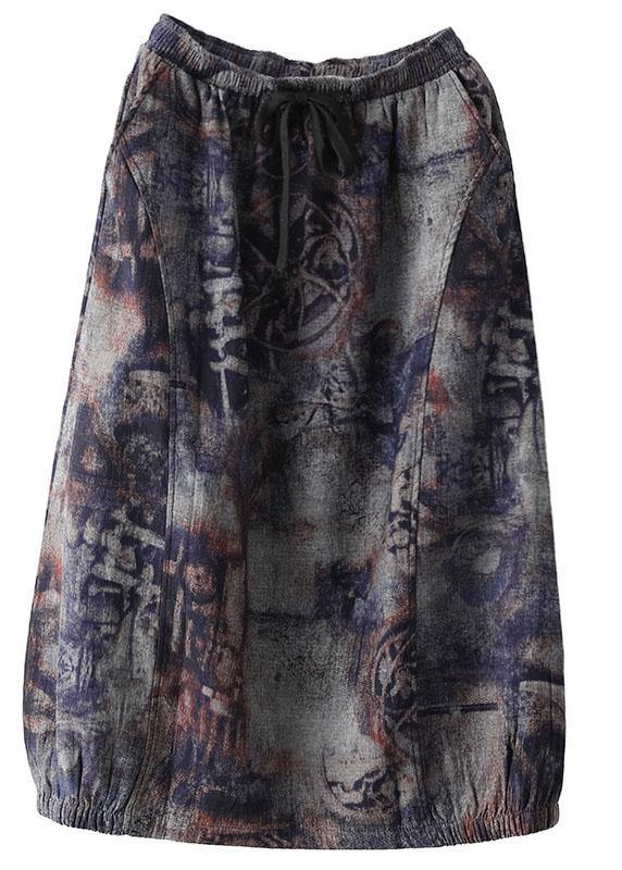 Grey Purple Retro Print a Line Pockets Fall Skirts