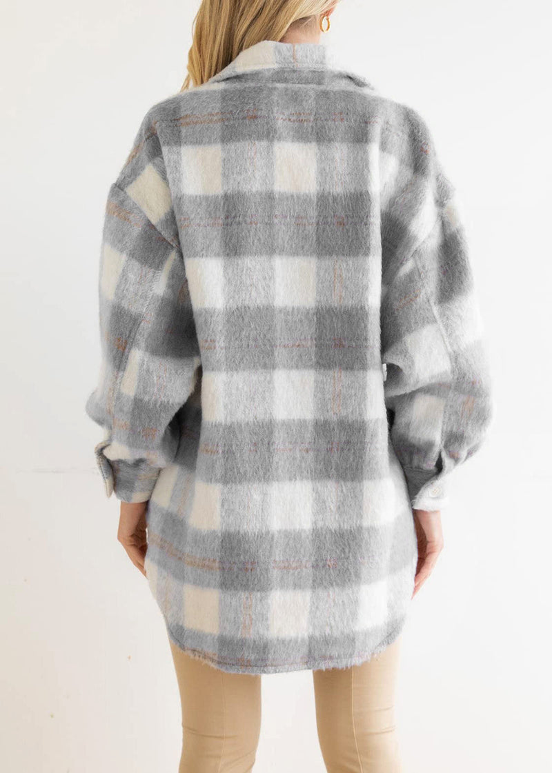 Pink Peter Pan Collar Pockets Plaid Woolen Coat Fall