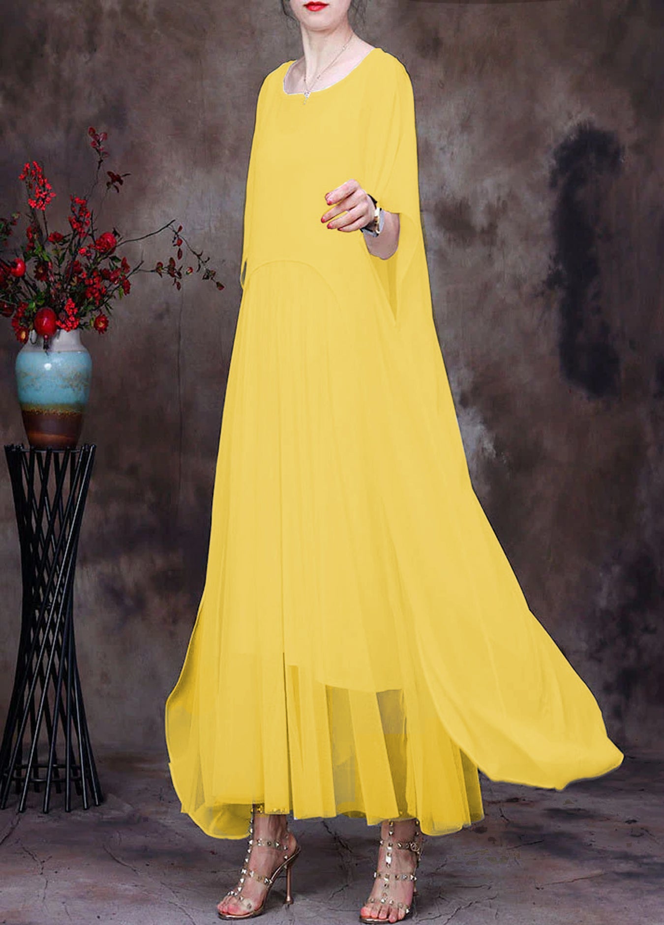 White O-neck Asymmetrical Design Chiffon Cloak Dress Batwing Sleeve