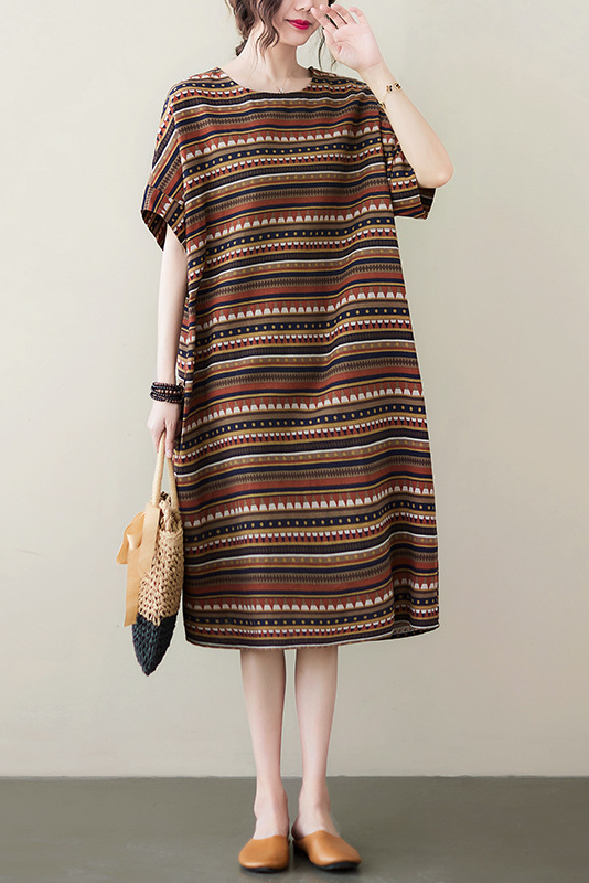 Summer Retro Coffee Striped Dress Cotton Linen Short-sleeved Long Dress