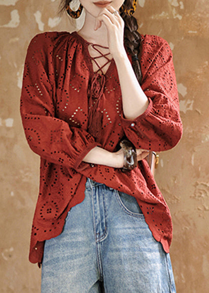 Red Hollow Out Lace Up Cotton Shirt Bracelet Sleeve